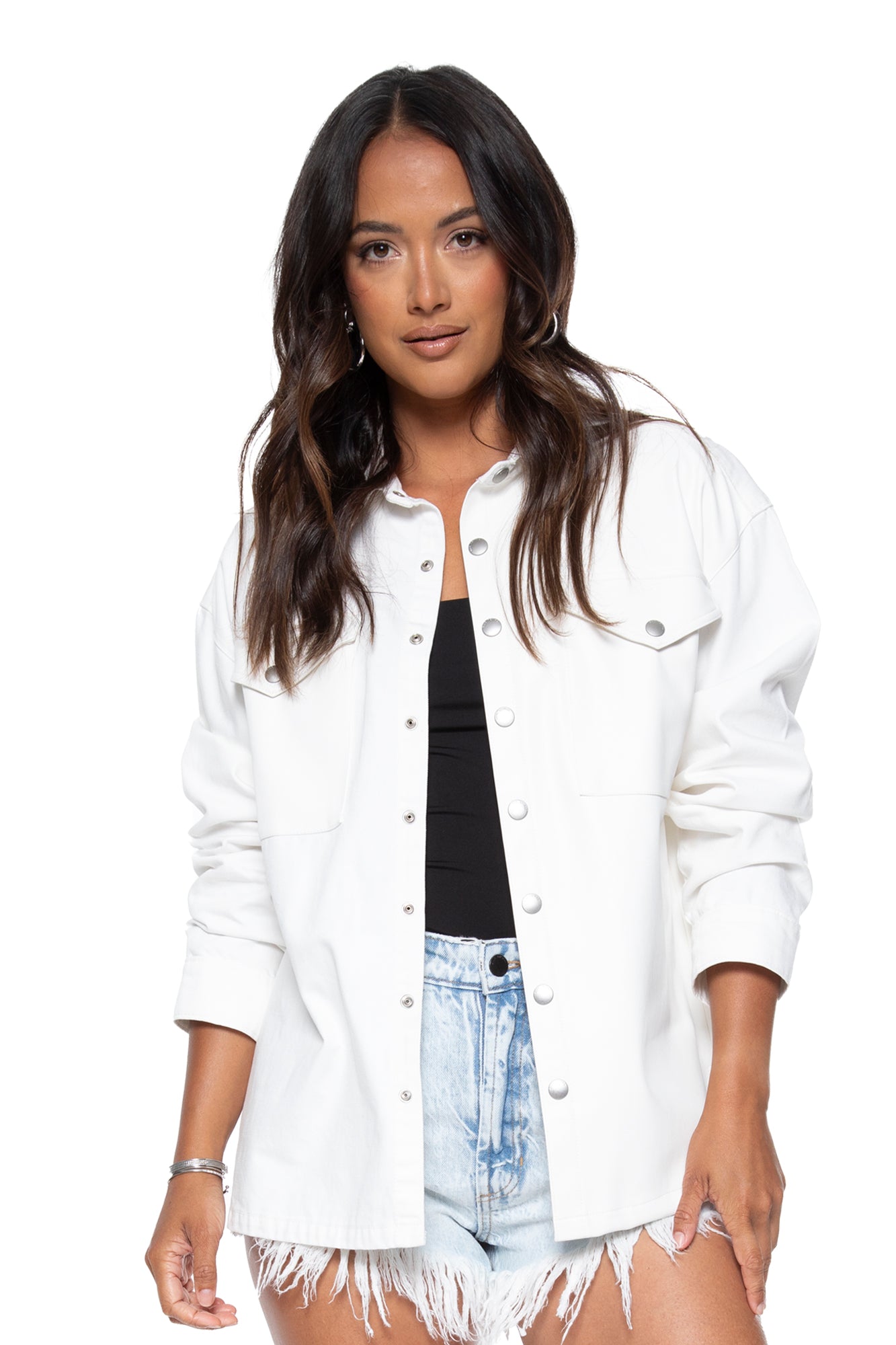 Denim Mix UNreal Leather Shacket in White & White