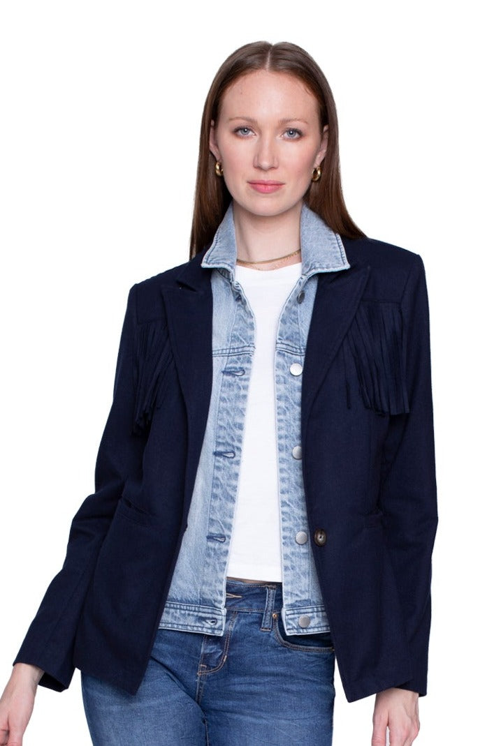 Helen Fringe Blazer in Midnight Navy With Removeable Denim Insert