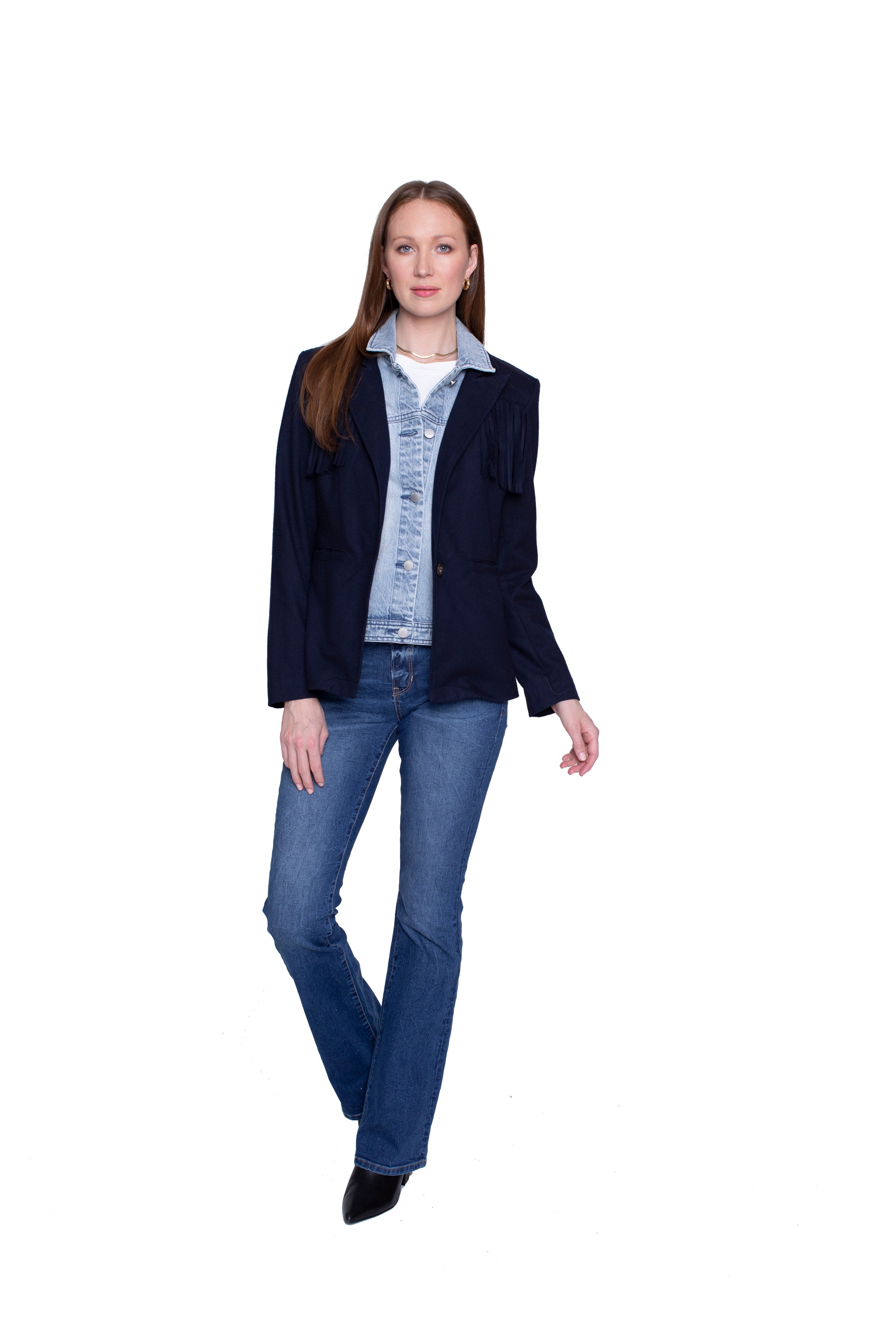 Helen Fringe Blazer in Midnight Navy With Removeable Denim Insert