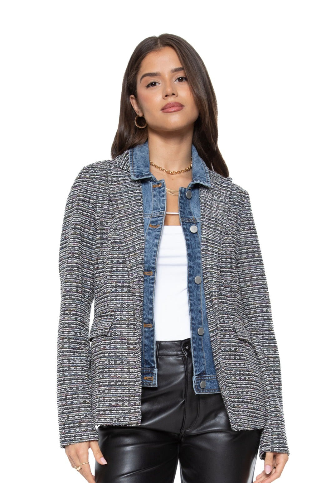 Helen Black & Rainbow Tweed Blazer With Removable Denim Insert