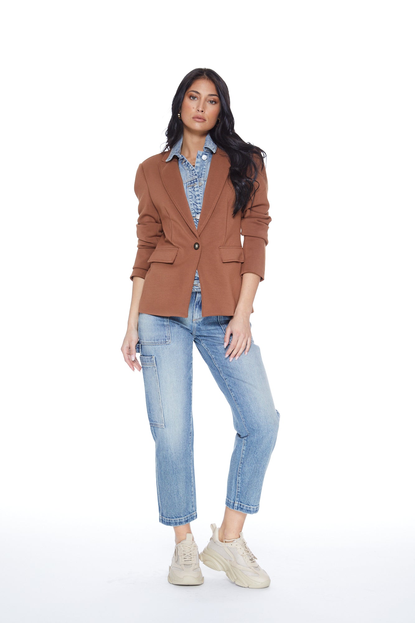 Helen Blazer in Toffee & Medium Blue Denim Insert