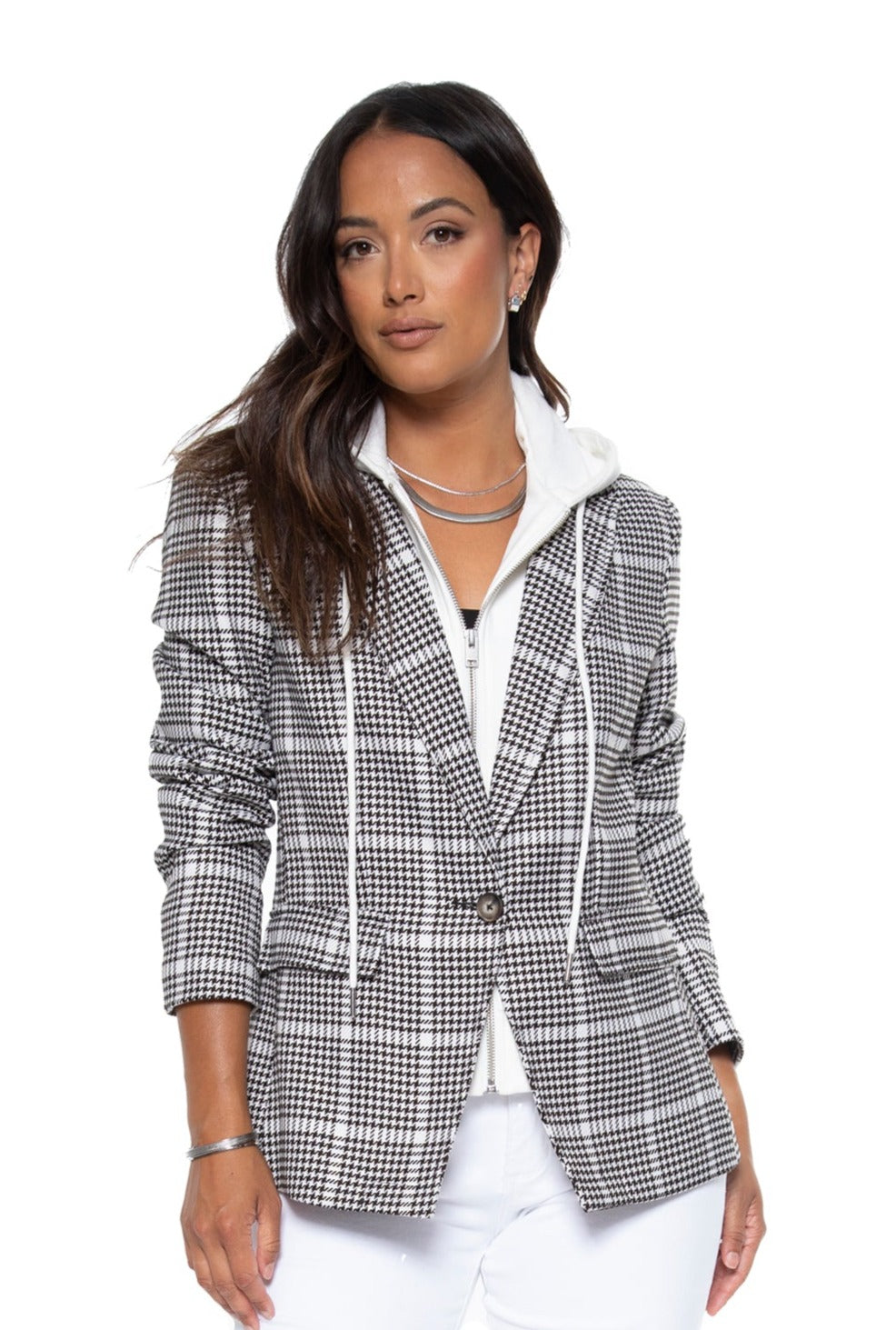 Hooded Helen Blazer in Houndstooth & White