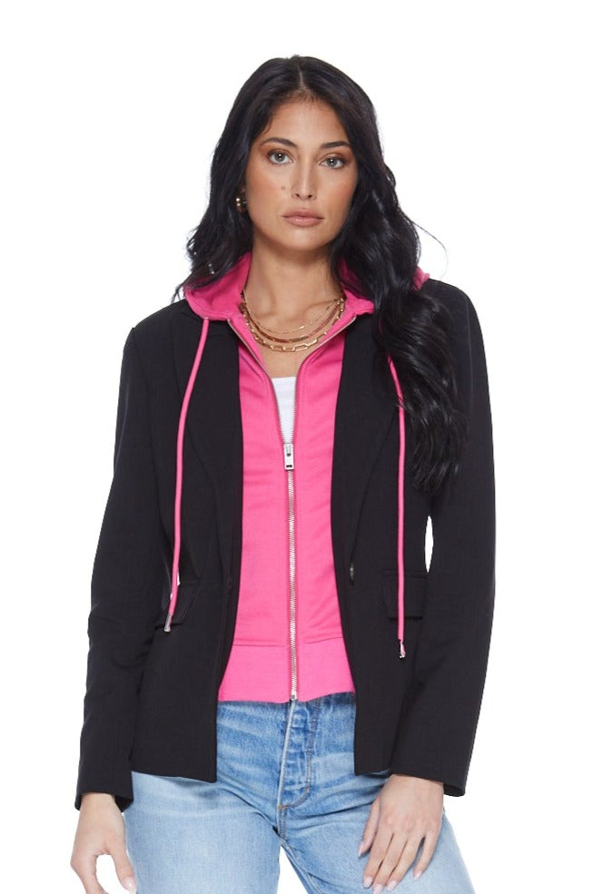 Hooded Helen Blazer in Black & Hot Pink