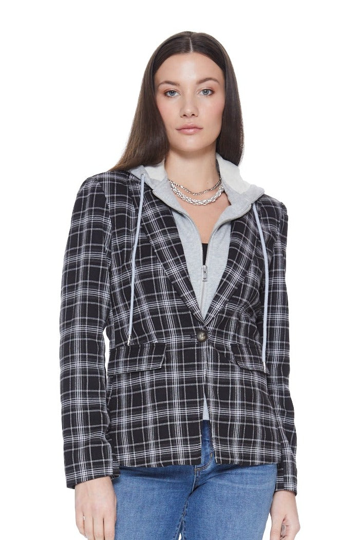 Hooded Helen Blazer in Black Plaid & Heather Cement