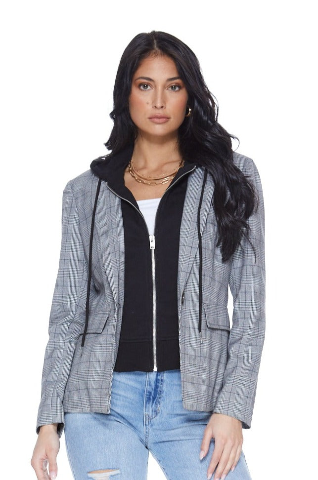 Hooded Helen Blazer in Grey Plaid & Black