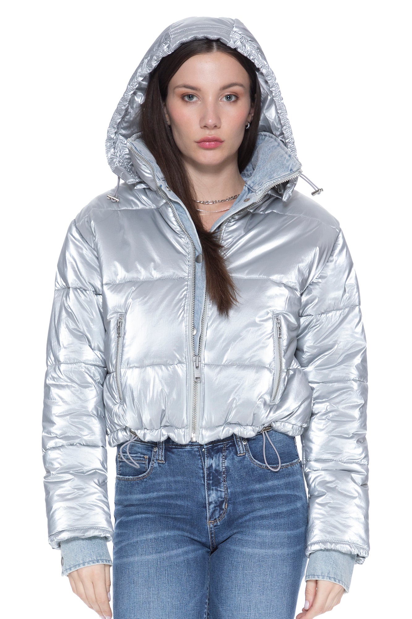 In The Mix Denim Shiny Puffer in Silver