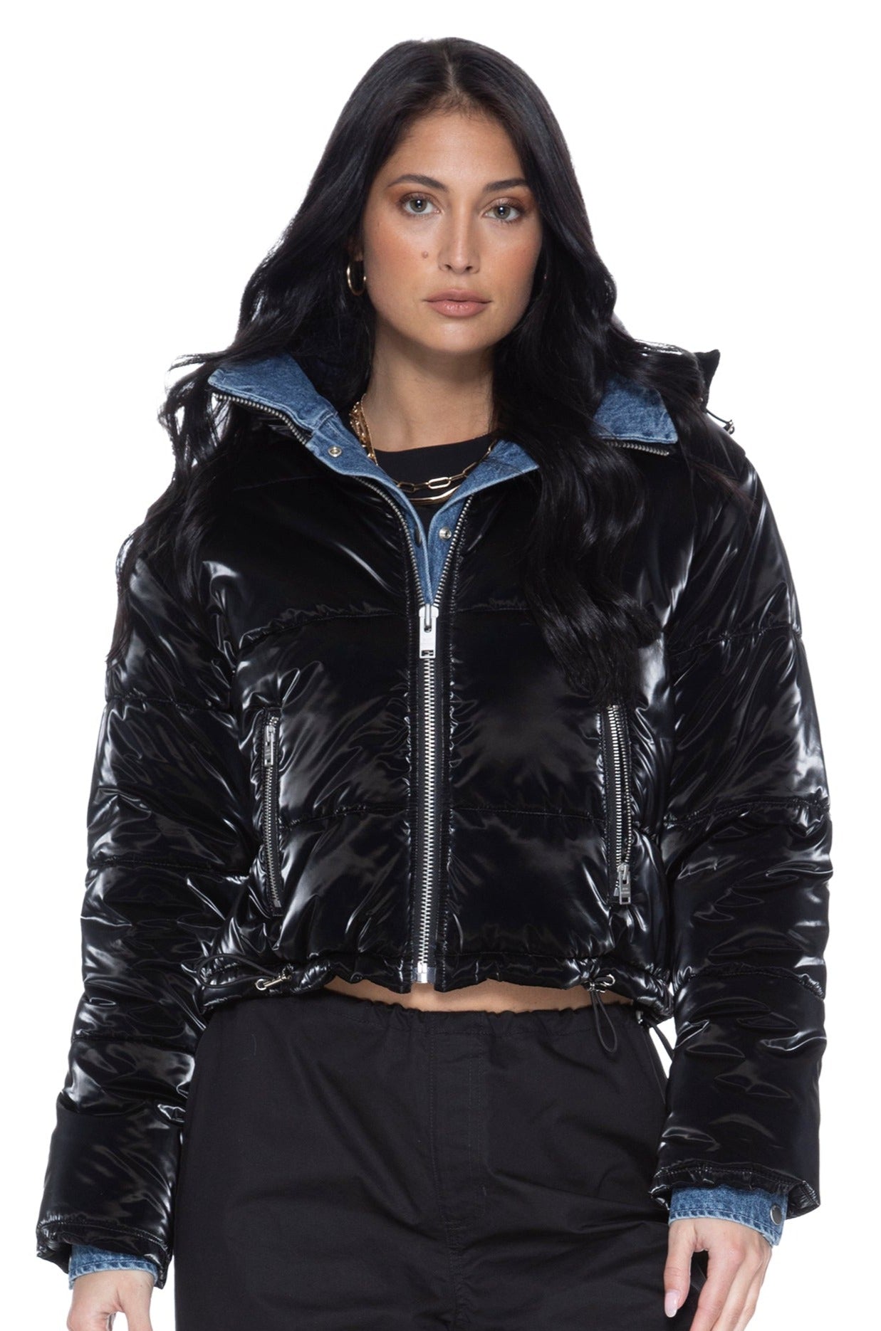 In The Mix Denim Shiny Puffer in Black