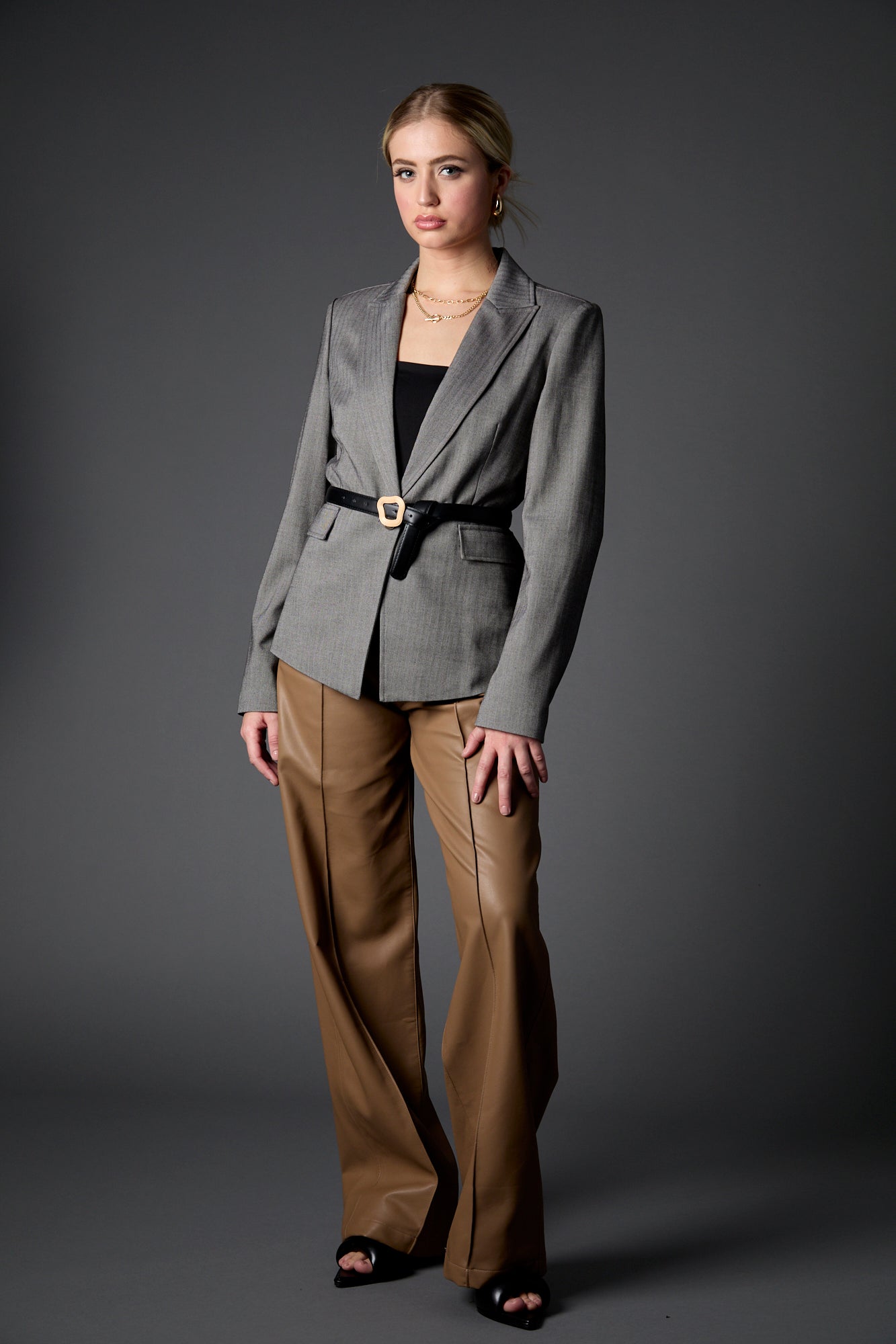 Taylor Belted Blazer in Grey Herringbone