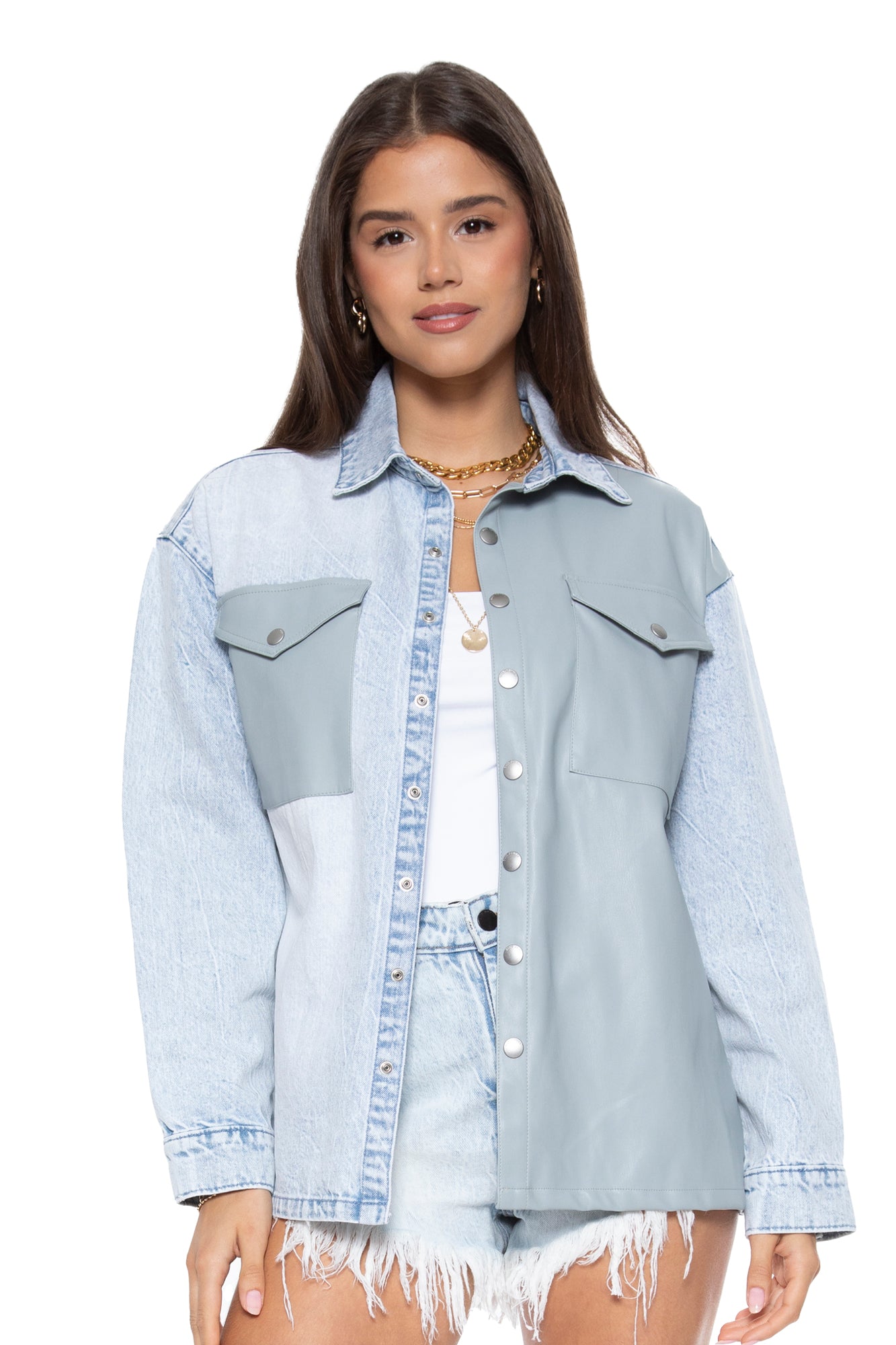 Denim Mix UNreal Leather Shacket in Maui & Dusty Blue